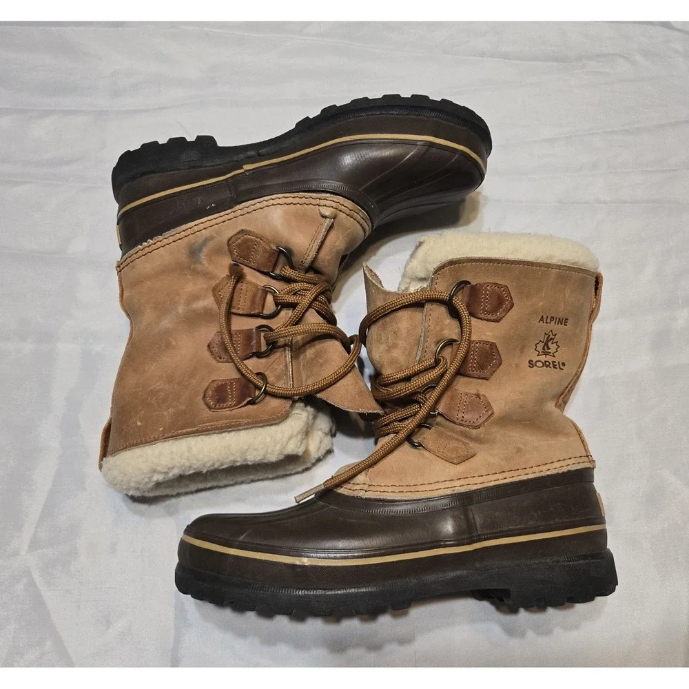Vintage SOREL Alpine Boots Made In Canada Brown Leather Snow Duck Boots Womens 8